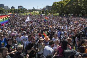 Advocates for the YES vote at Prince Alfred Park, Sydney celebrate the verdict of the postal vote on same sex marriage as YES wins