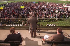 Prime Minister John Howard addresses the gun rally in Victoria wearing a bullet proof vest